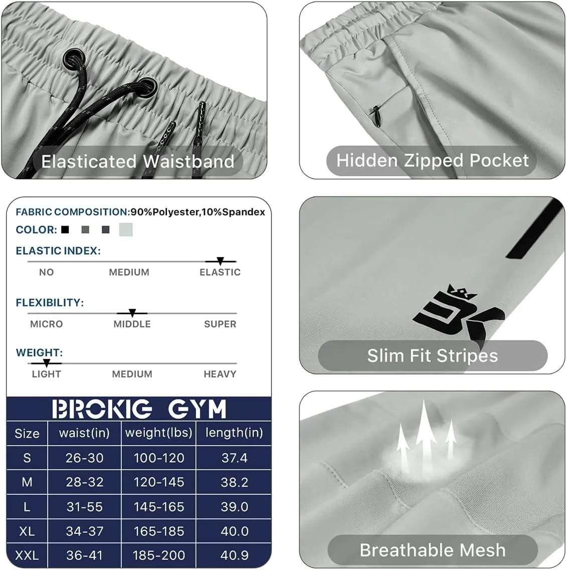 BROKIG Men's Lightweight Athletic Gym Jogger Pants, Stretch Quick Dry Workout Running Sweat Pants with Zipper Pockets