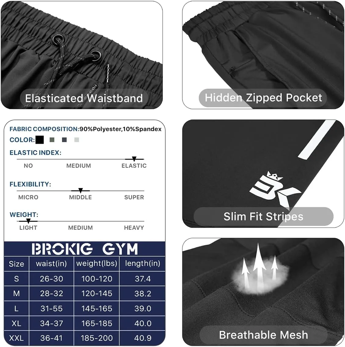 BROKIG Men's Lightweight Athletic Gym Jogger Pants, Stretch Quick Dry Workout Running Sweat Pants with Zipper Pockets