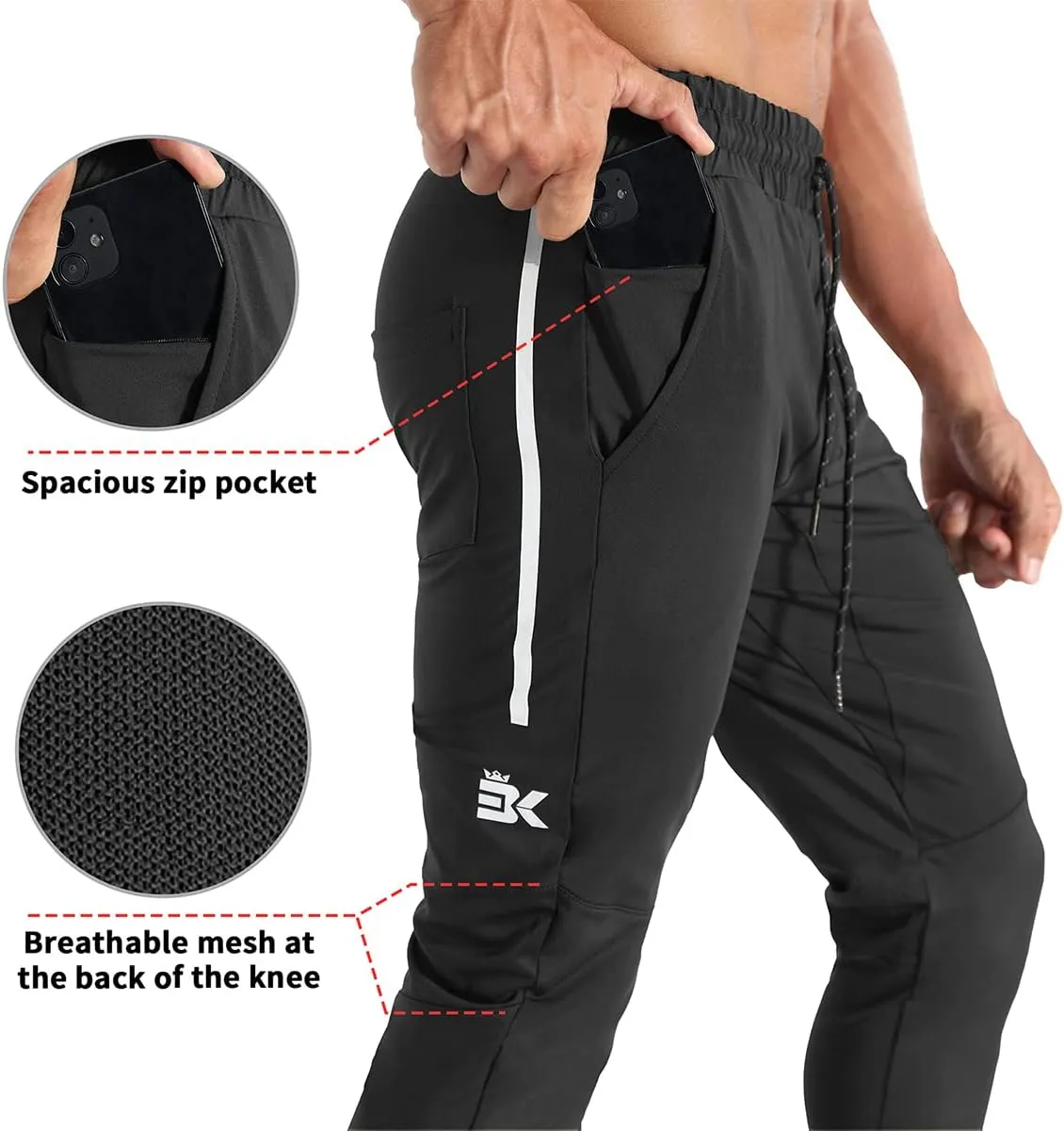 BROKIG Men's Lightweight Athletic Gym Jogger Pants, Stretch Quick Dry Workout Running Sweat Pants with Zipper Pockets