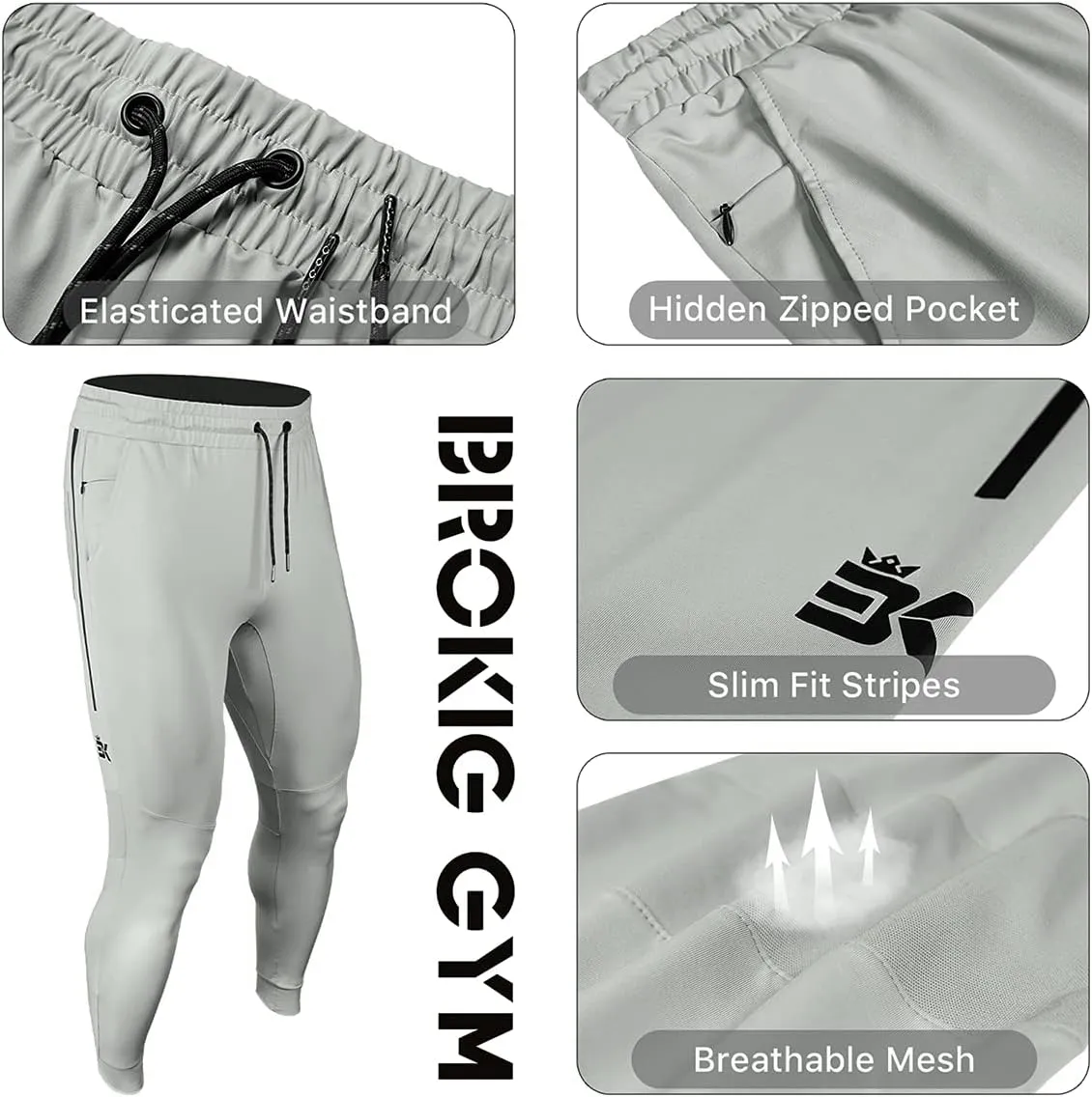 BROKIG Men's Lightweight Athletic Gym Jogger Pants, Stretch Quick Dry Workout Running Sweat Pants with Zipper Pockets