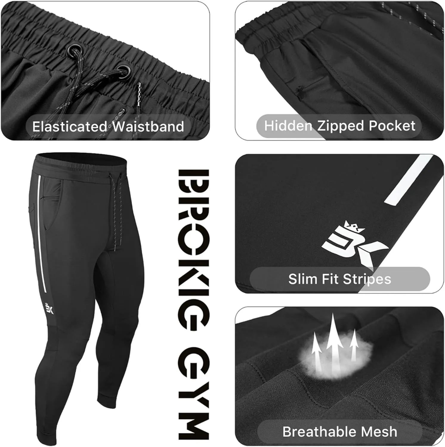 BROKIG Men's Lightweight Athletic Gym Jogger Pants, Stretch Quick Dry Workout Running Sweat Pants with Zipper Pockets