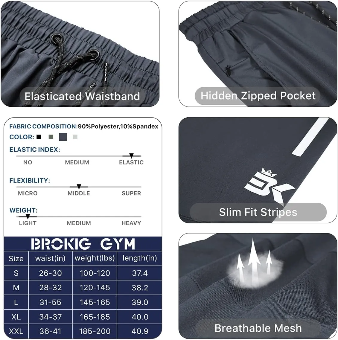 BROKIG Men's Lightweight Athletic Gym Jogger Pants, Stretch Quick Dry Workout Running Sweat Pants with Zipper Pockets
