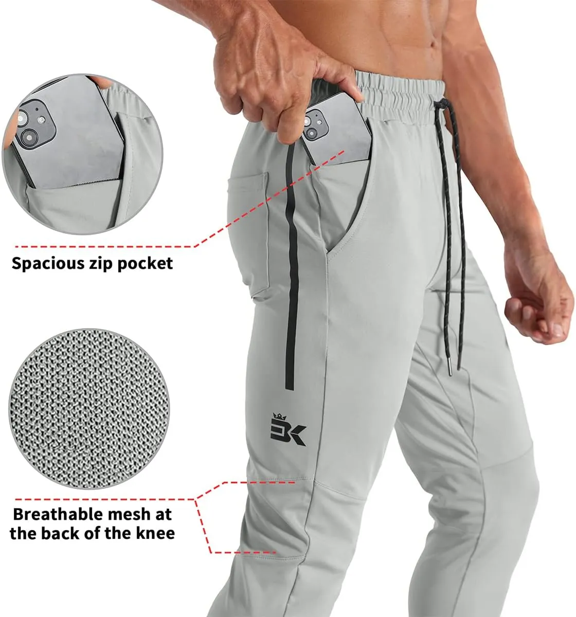 BROKIG Men's Lightweight Athletic Gym Jogger Pants, Stretch Quick Dry Workout Running Sweat Pants with Zipper Pockets