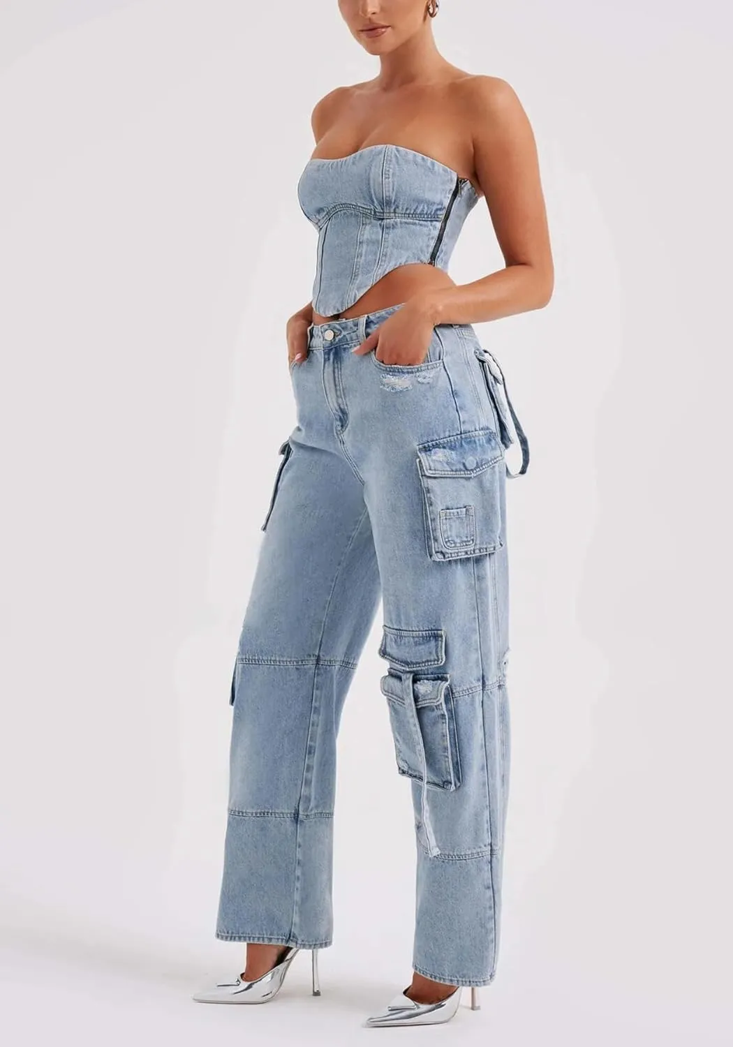 Cargo Jeans for Women Low Rise Baggy Jeans Y2K Multi-Pockets Straight Leg Casual Cargo Pants