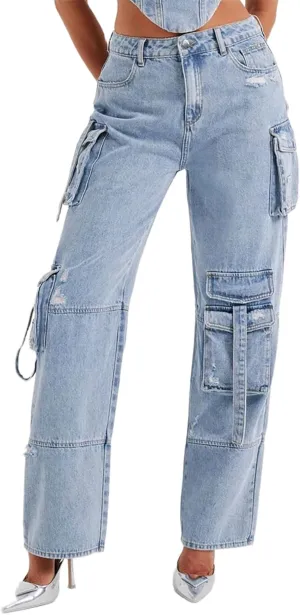 Cargo Jeans for Women Low Rise Baggy Jeans Y2K Multi-Pockets Straight Leg Casual Cargo Pants