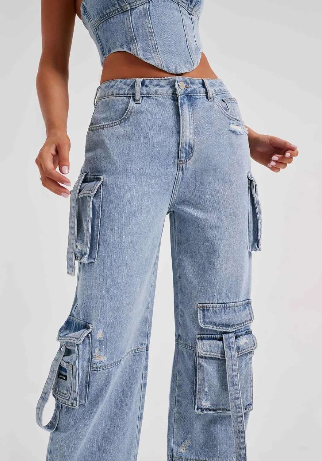 Cargo Jeans for Women Low Rise Baggy Jeans Y2K Multi-Pockets Straight Leg Casual Cargo Pants