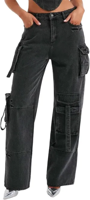 Cargo Jeans for Women Low Rise Baggy Jeans Y2K Multi-Pockets Straight Leg Casual Cargo Pants