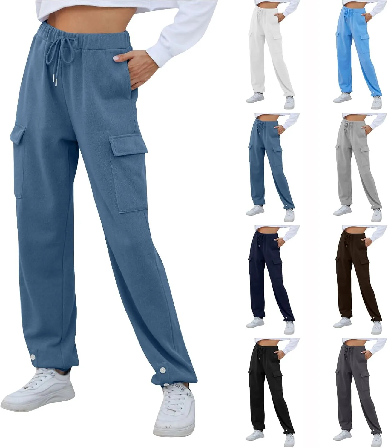 Cargo Sweatpants for Women High Waisted Fleece Lined Joggers with Pockets Elastic Drawstring Straight Leg Sweat Pants