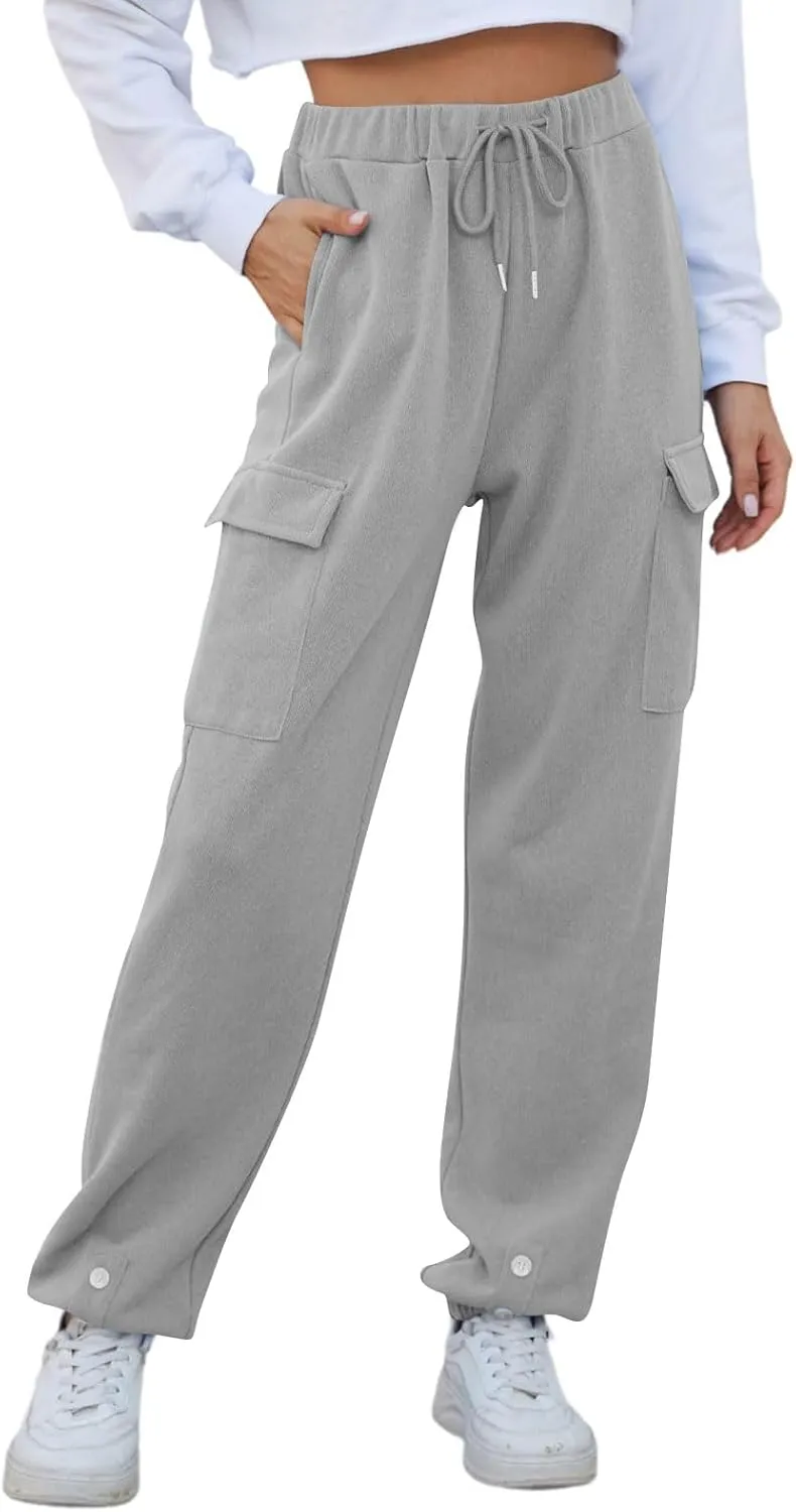 Cargo Sweatpants for Women High Waisted Fleece Lined Joggers with Pockets Elastic Drawstring Straight Leg Sweat Pants