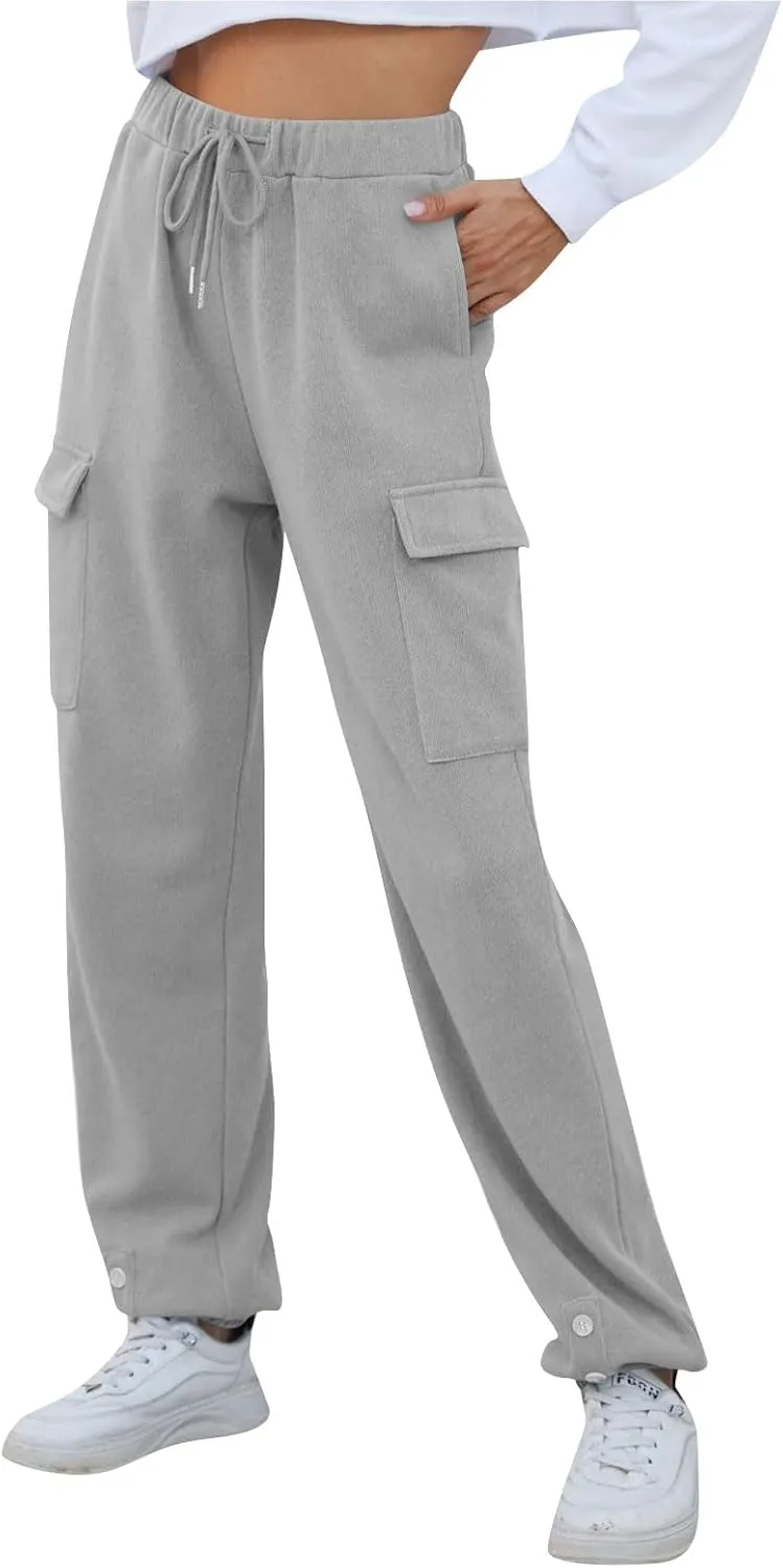 Cargo Sweatpants for Women High Waisted Fleece Lined Joggers with Pockets Elastic Drawstring Straight Leg Sweat Pants