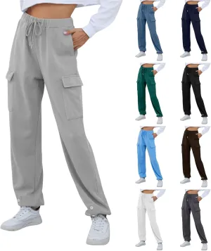 Cargo Sweatpants for Women High Waisted Fleece Lined Joggers with Pockets Elastic Drawstring Straight Leg Sweat Pants