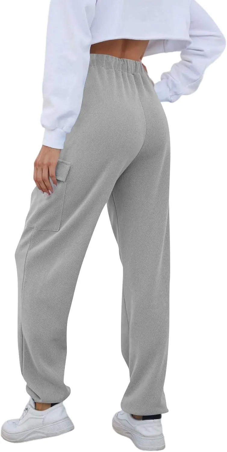Cargo Sweatpants for Women High Waisted Fleece Lined Joggers with Pockets Elastic Drawstring Straight Leg Sweat Pants