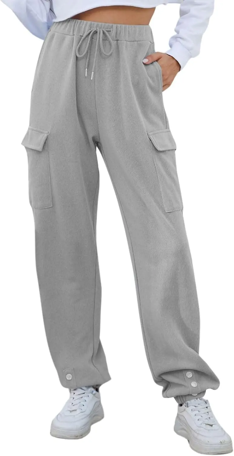Cargo Sweatpants for Women High Waisted Fleece Lined Joggers with Pockets Elastic Drawstring Straight Leg Sweat Pants