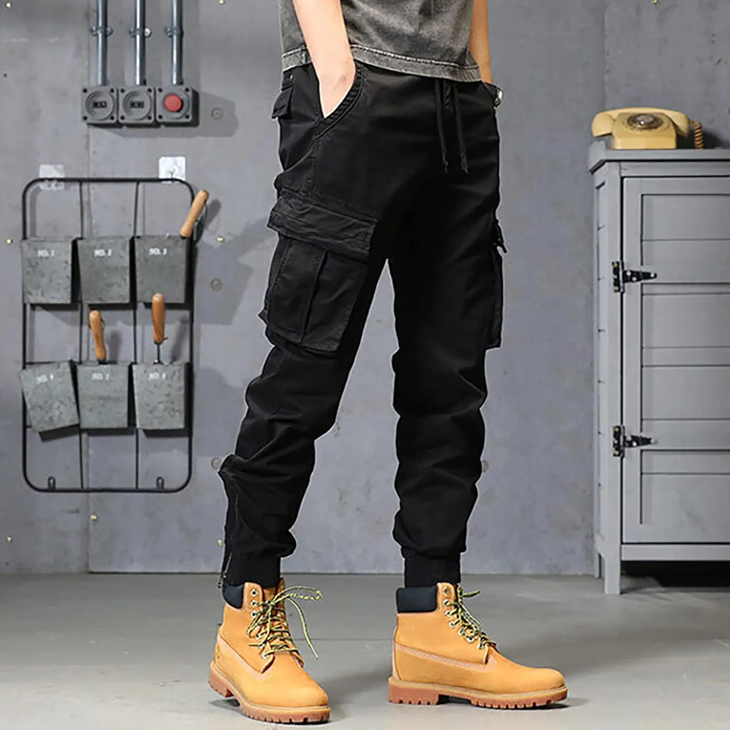 Cargo Trousers for Men Athletic Gym Training Jogger Black Long Track Pants with Pockets Mens Sweatpants with Pockets