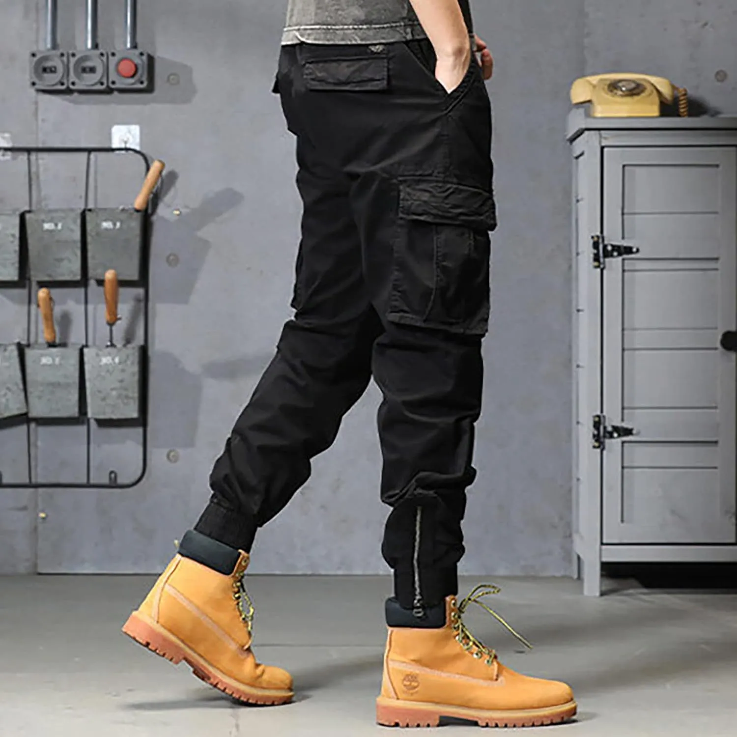 Cargo Trousers for Men Athletic Gym Training Jogger Black Long Track Pants with Pockets Mens Sweatpants with Pockets
