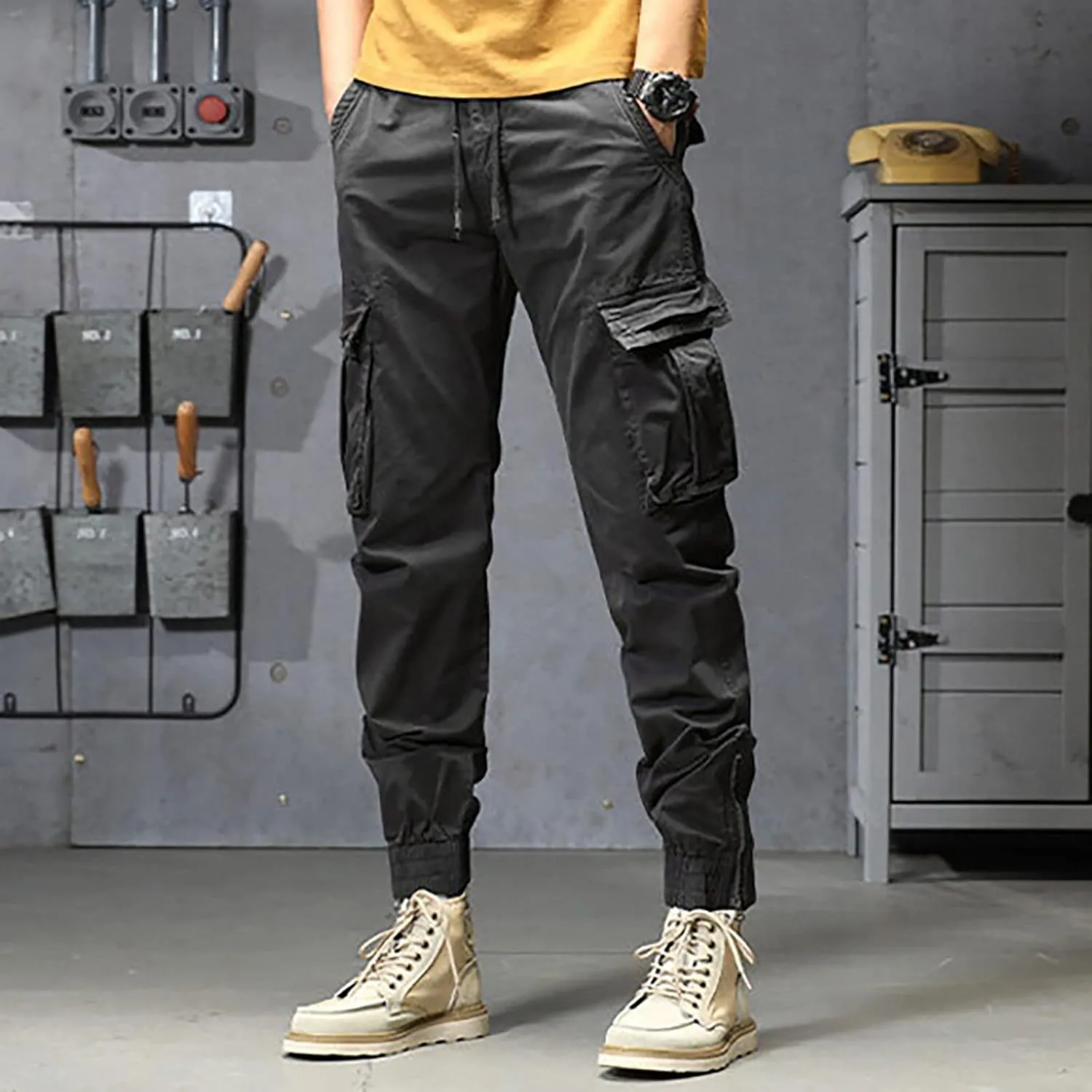 Cargo Trousers for Men Athletic Gym Training Jogger Black Long Track Pants with Pockets Mens Sweatpants with Pockets
