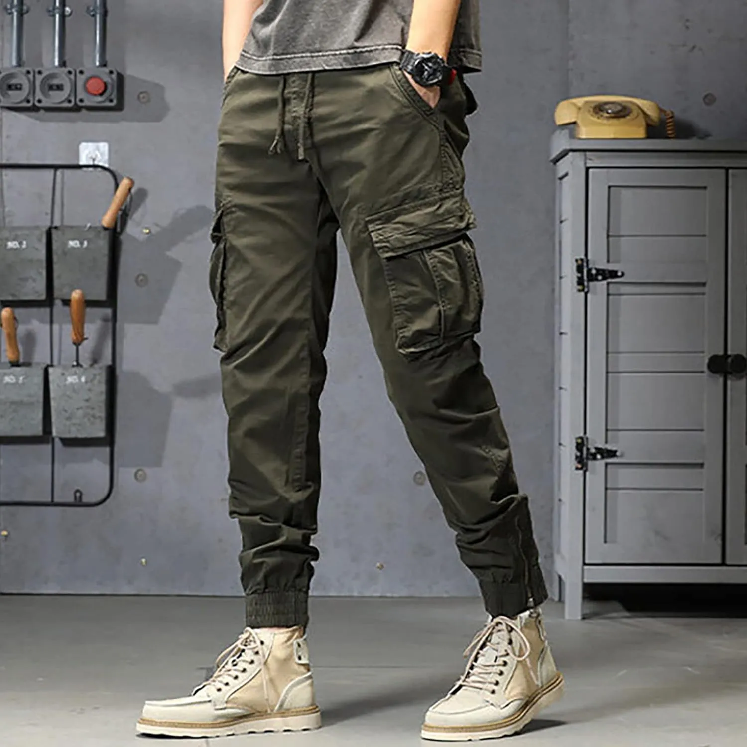 Cargo Trousers for Men Athletic Gym Training Jogger Black Long Track Pants with Pockets Mens Sweatpants with Pockets