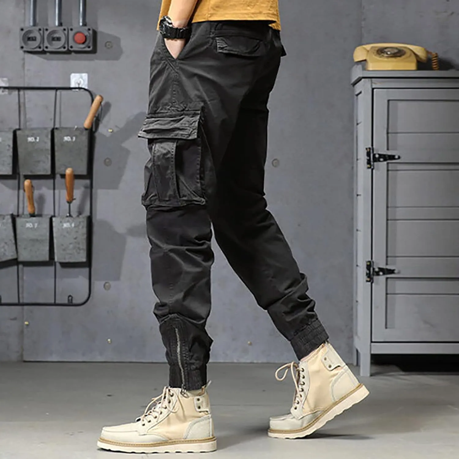 Cargo Trousers for Men Athletic Gym Training Jogger Black Long Track Pants with Pockets Mens Sweatpants with Pockets
