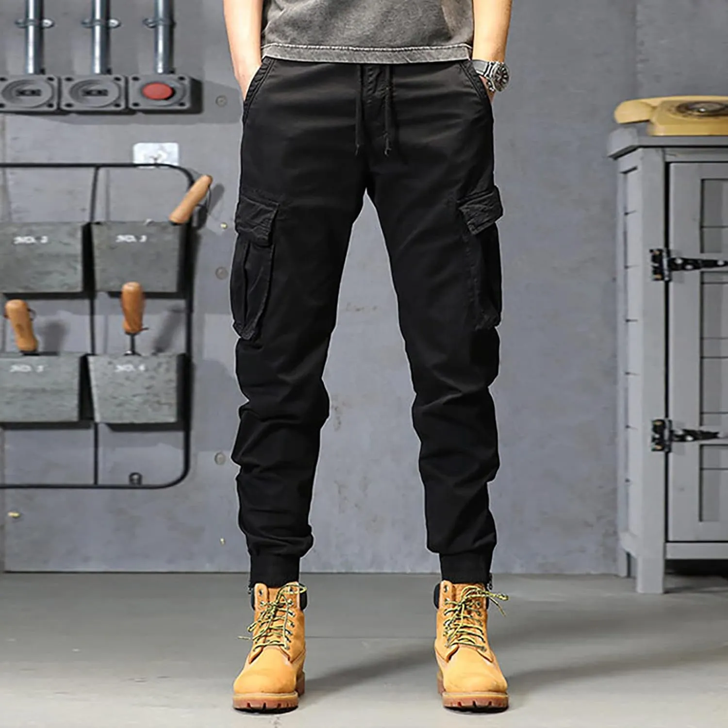 Cargo Trousers for Men Athletic Gym Training Jogger Black Long Track Pants with Pockets Mens Sweatpants with Pockets