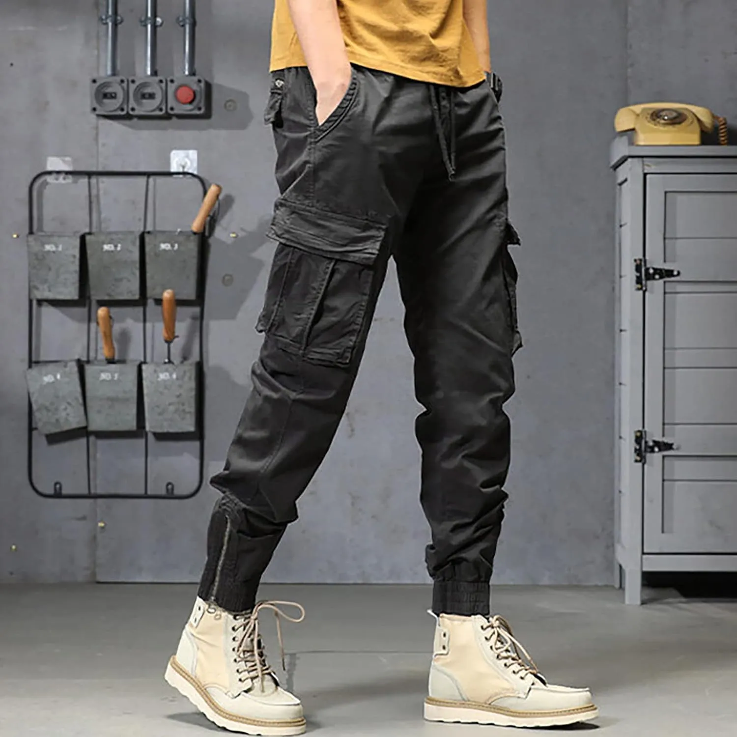 Cargo Trousers for Men Athletic Gym Training Jogger Black Long Track Pants with Pockets Mens Sweatpants with Pockets