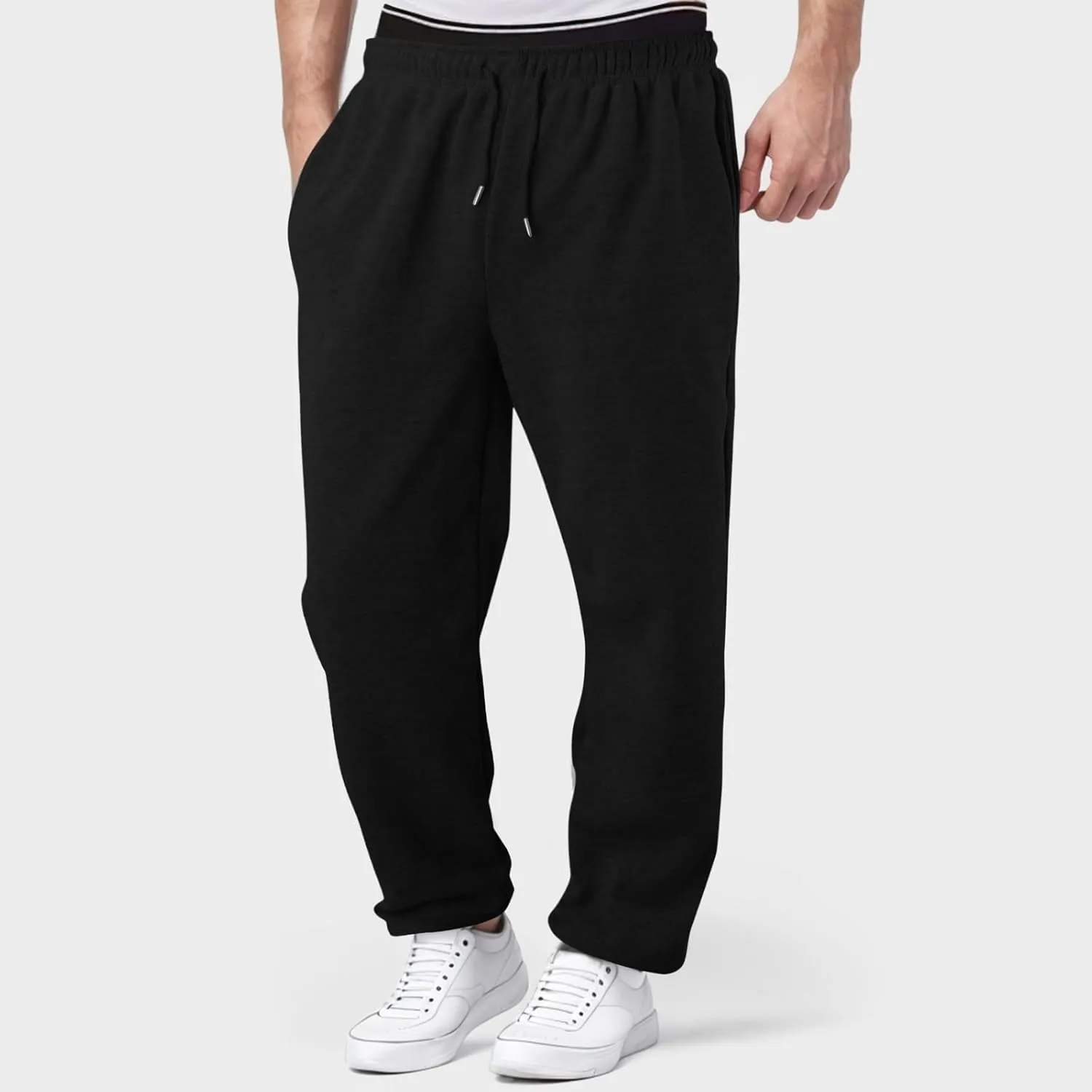 Casual Pants for Men Mid Waist Straight Leg Sweatpants Solid Drawstring Joggers Pants Lightweight Leisure Trousers