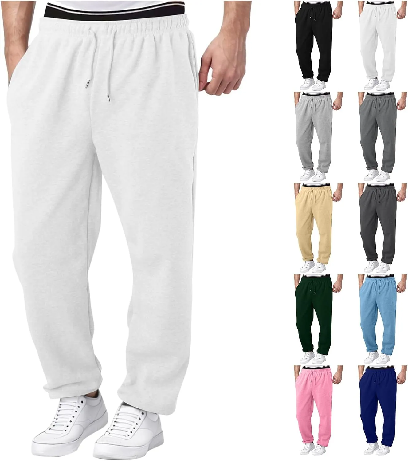Casual Pants for Men Mid Waist Straight Leg Sweatpants Solid Drawstring Joggers Pants Lightweight Leisure Trousers