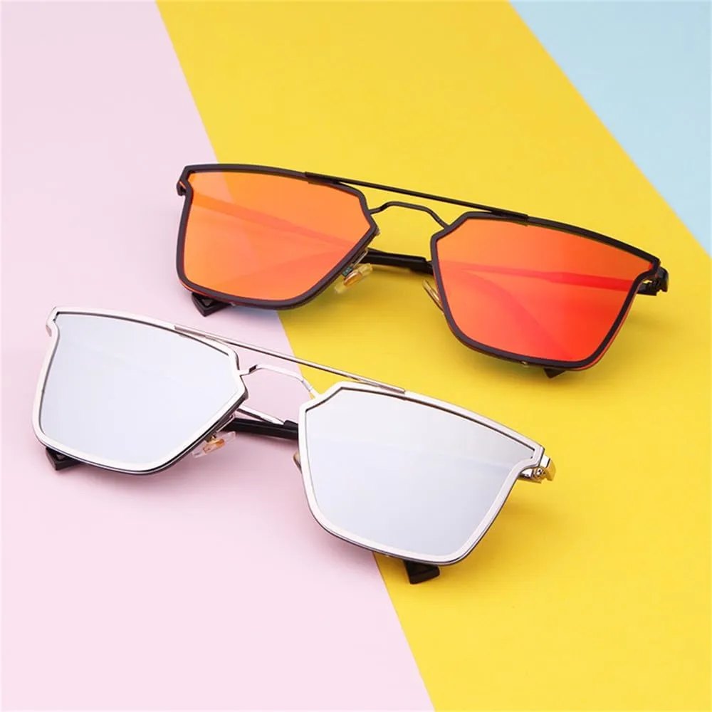 Cat Eye Sunglasses Women Vintage Metal Frame Double Bridge Mirrored Glasses
