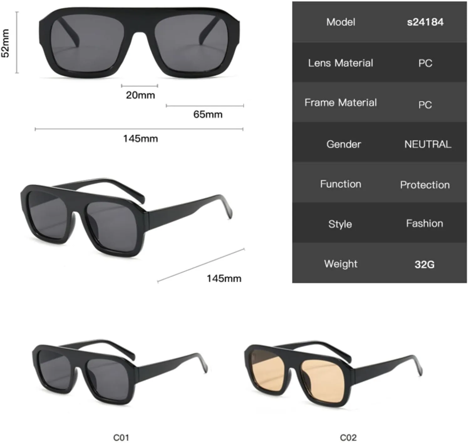 Classic Rectangular Large Frame Sunglasses for Women Fashion Retro Men