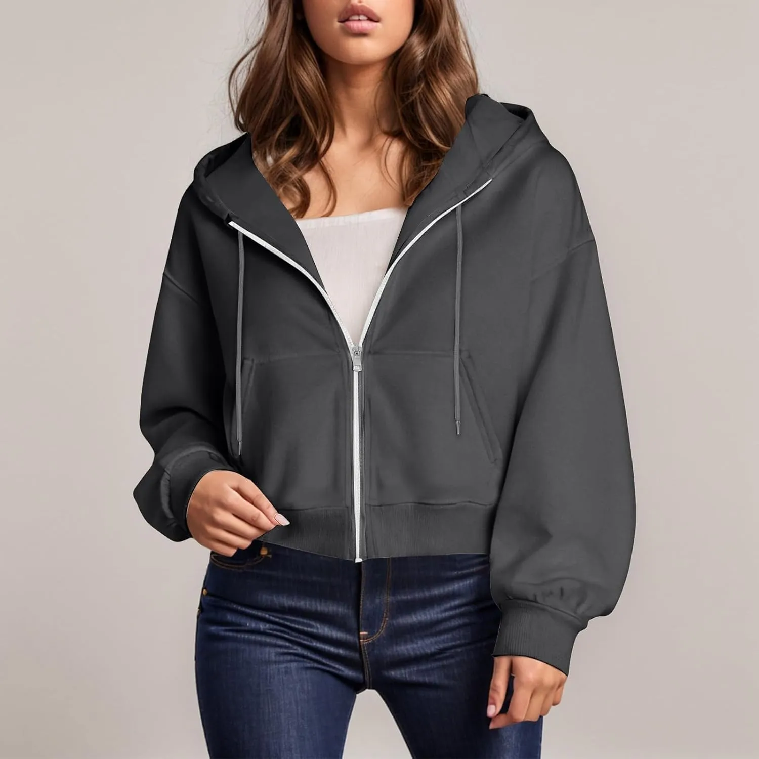Crop Hoodies for Women Zip Up Jackets Oversized Sweatshirts Fall Fashion Outfits 2024 Sweaters Winter Clothes