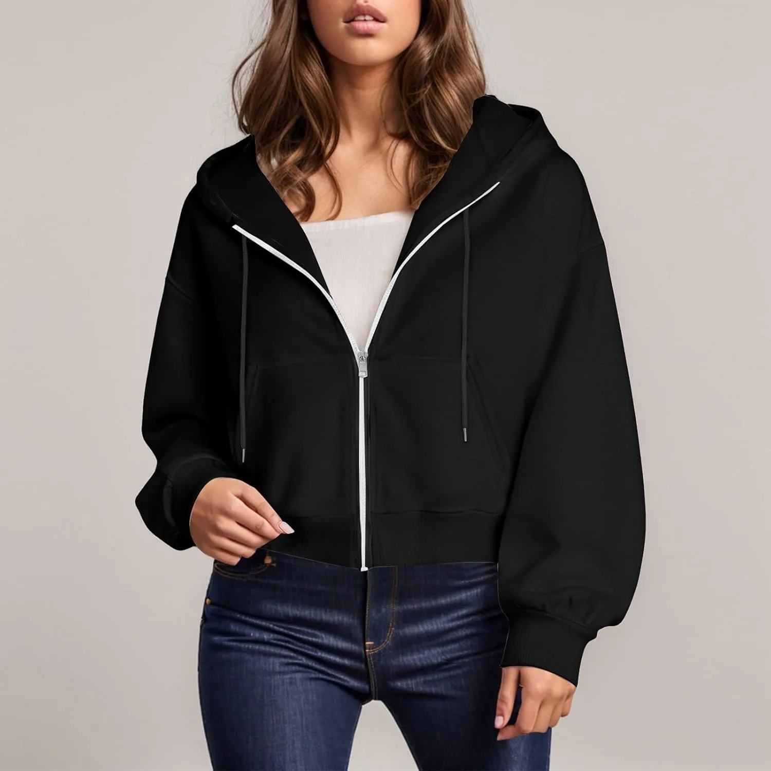 Crop Hoodies for Women Zip Up Jackets Oversized Sweatshirts Fall Fashion Outfits 2024 Sweaters Winter Clothes