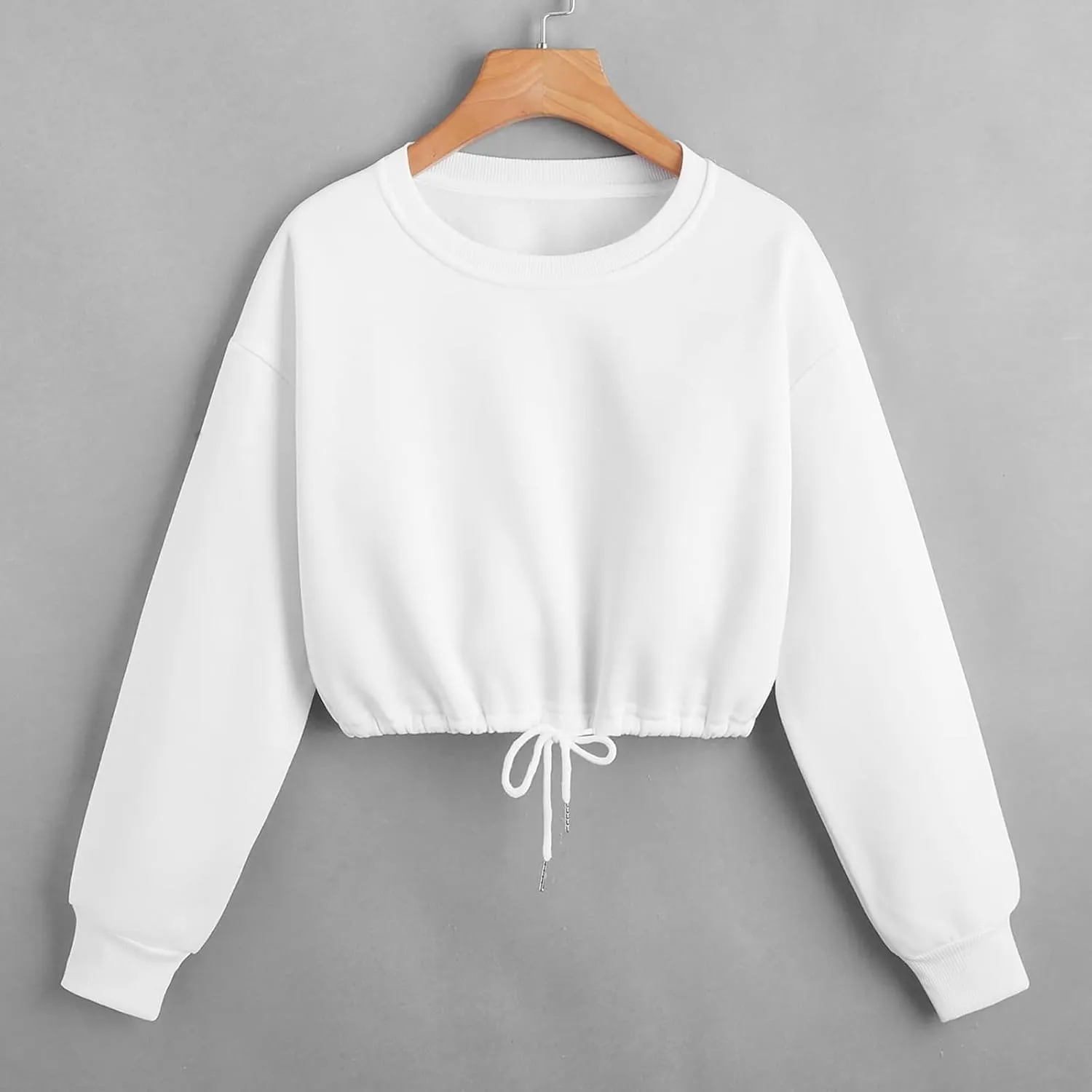 Crop Sweatshirts for Women Drawstring Loose Fit Cropped Sweaters Round Neck Crew Neck Long Sleeve Solid Color Casual