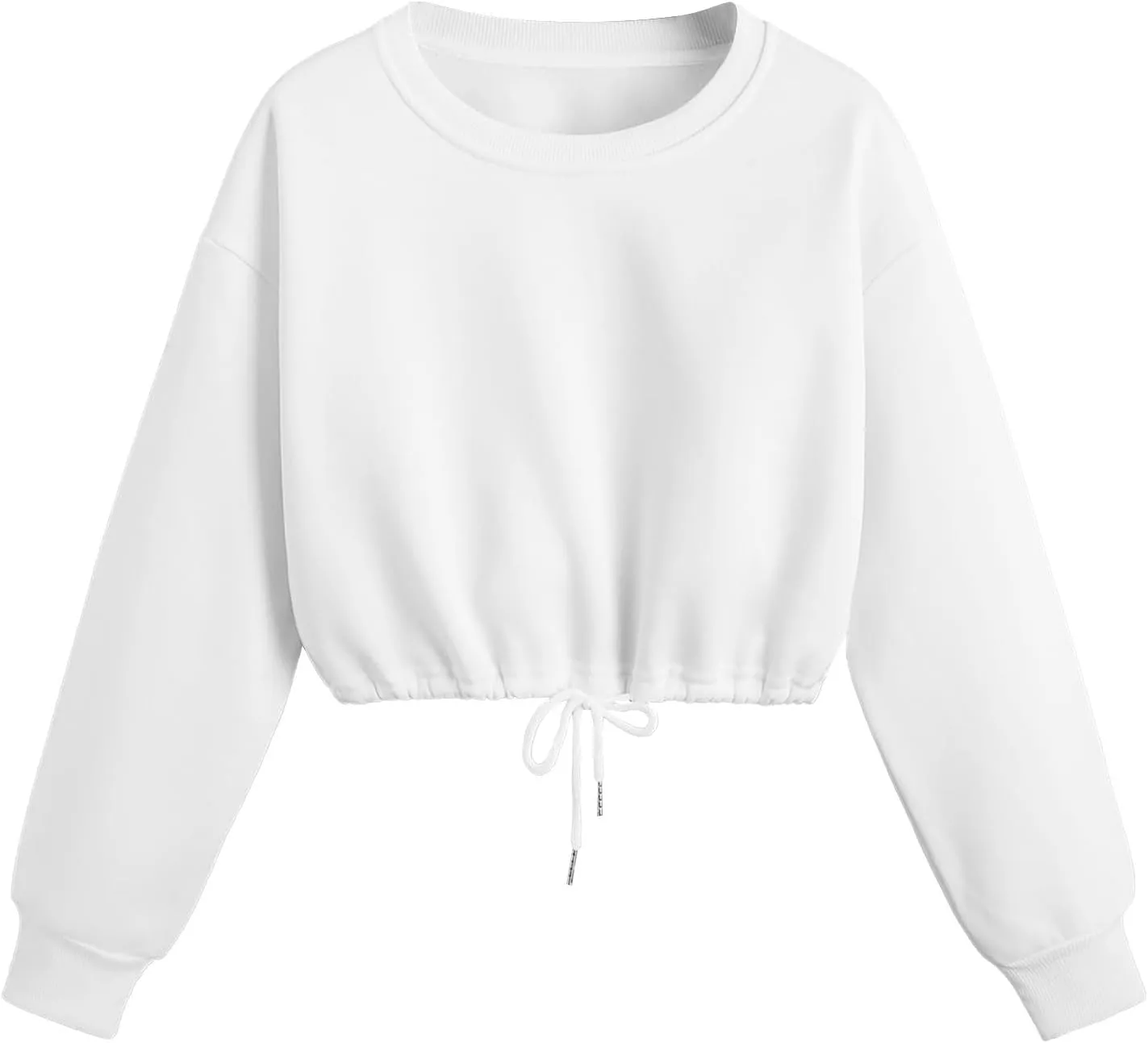 Crop Sweatshirts for Women Drawstring Loose Fit Cropped Sweaters Round Neck Crew Neck Long Sleeve Solid Color Casual