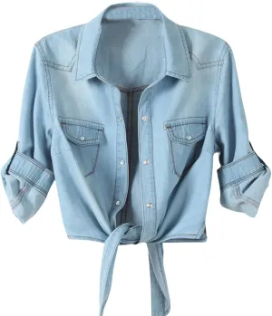 Cropped Jean Jacket for Women 3/4 Sleeve Denim Crop Top Tie Knot Shirt Cardigan Shacket Trendy Short Jacket Pockets