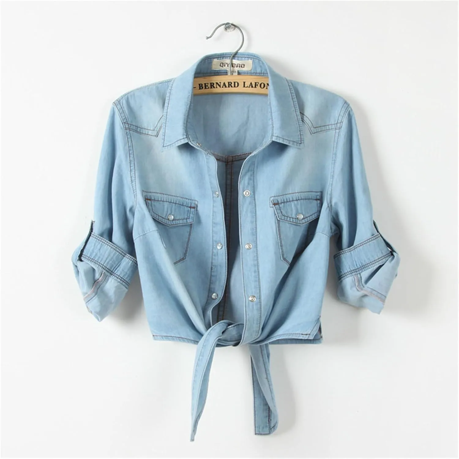 Cropped Jean Jacket for Women 3/4 Sleeve Denim Crop Top Tie Knot Shirt Cardigan Shacket Trendy Short Jacket Pockets