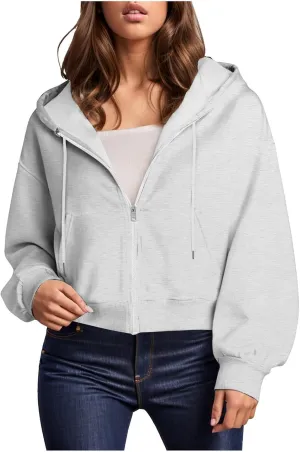 Cropped Zip Up Hoodie Women Oversized Drawstring Long Sleeve Zip Up Jacket Hooded Sweatshirt with Pockets