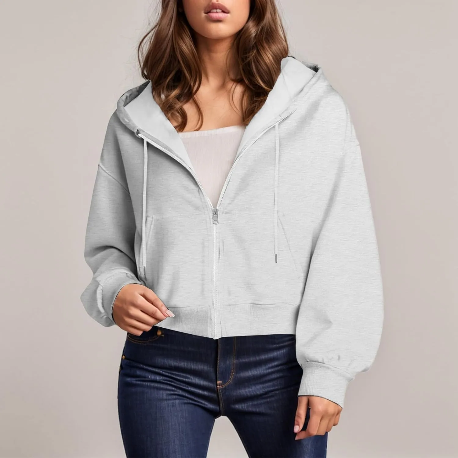 Cropped Zip Up Hoodie Women Oversized Drawstring Long Sleeve Zip Up Jacket Hooded Sweatshirt with Pockets