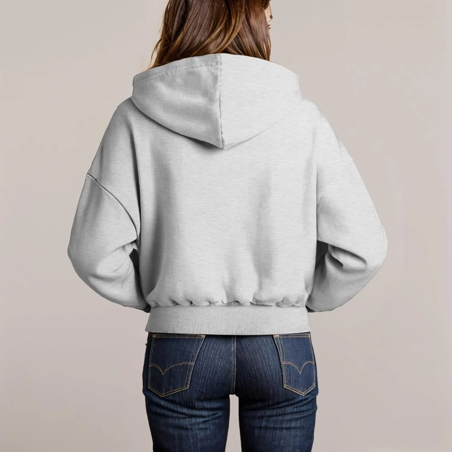 Cropped Zip Up Hoodie Women Oversized Drawstring Long Sleeve Zip Up Jacket Hooded Sweatshirt with Pockets