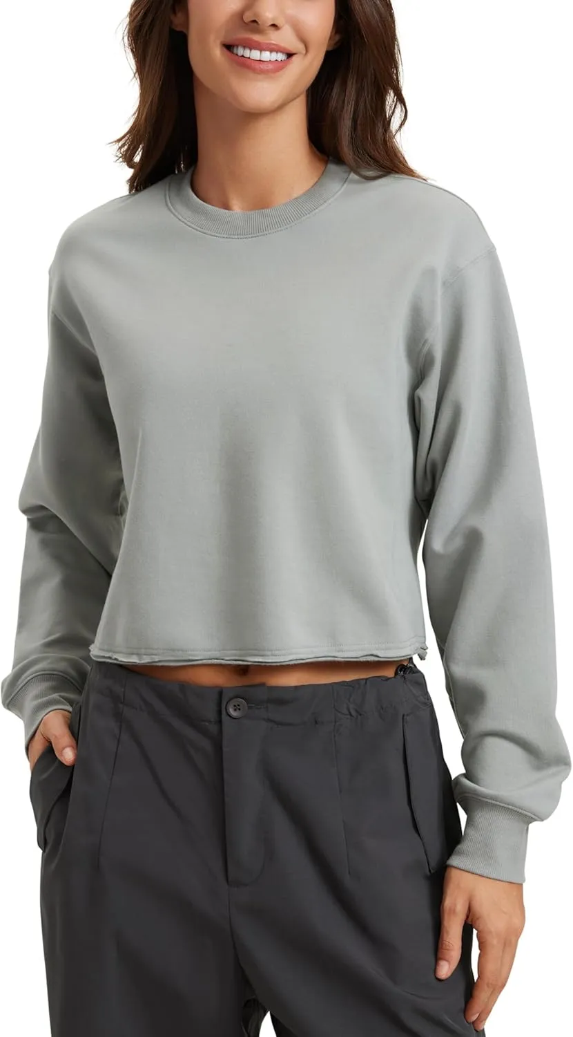 CRZ YOGA Womens Fleece Cropped Sweatshirts Crewneck Long Sleeve Double Raw Hem Workout Casual Pullover Tops