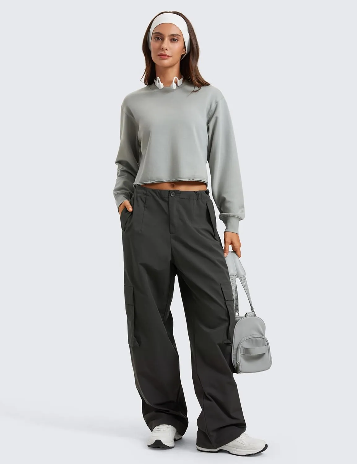 CRZ YOGA Womens Fleece Cropped Sweatshirts Crewneck Long Sleeve Double Raw Hem Workout Casual Pullover Tops