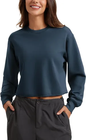 CRZ YOGA Womens Fleece Cropped Sweatshirts Crewneck Long Sleeve Double Raw Hem Workout Casual Pullover Tops