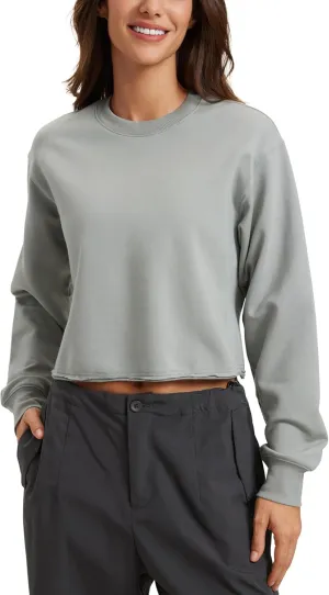 CRZ YOGA Womens Fleece Cropped Sweatshirts Crewneck Long Sleeve Double Raw Hem Workout Casual Pullover Tops