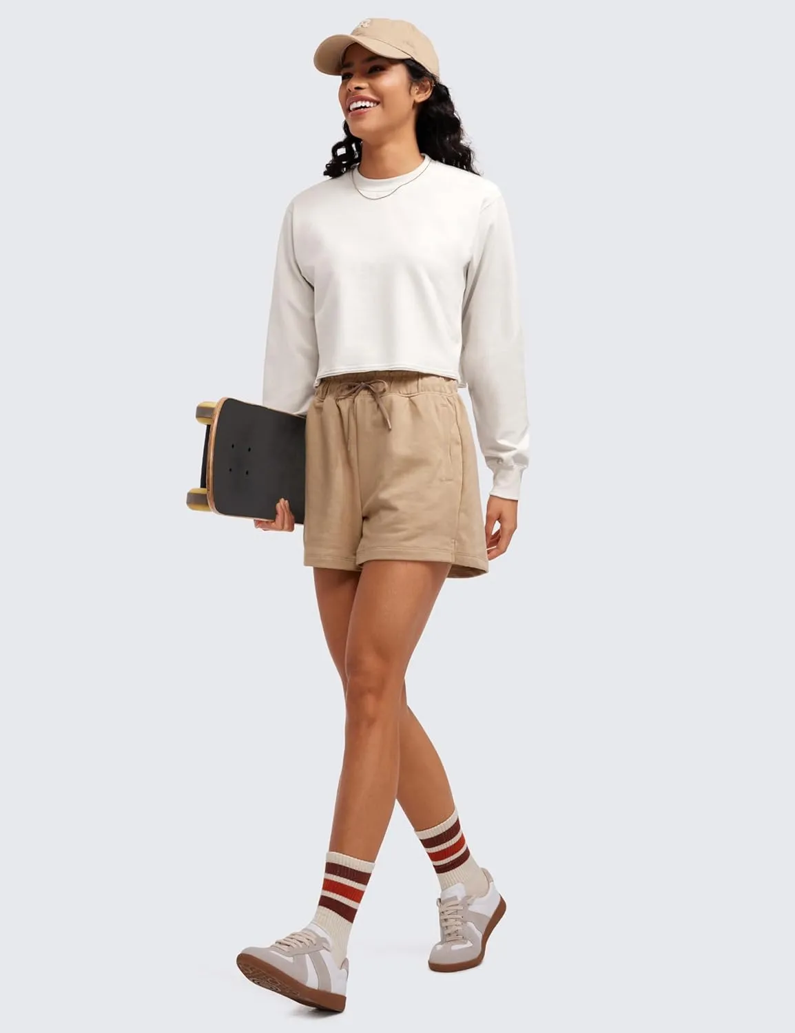 CRZ YOGA Womens Fleece Cropped Sweatshirts Crewneck Long Sleeve Double Raw Hem Workout Casual Pullover Tops