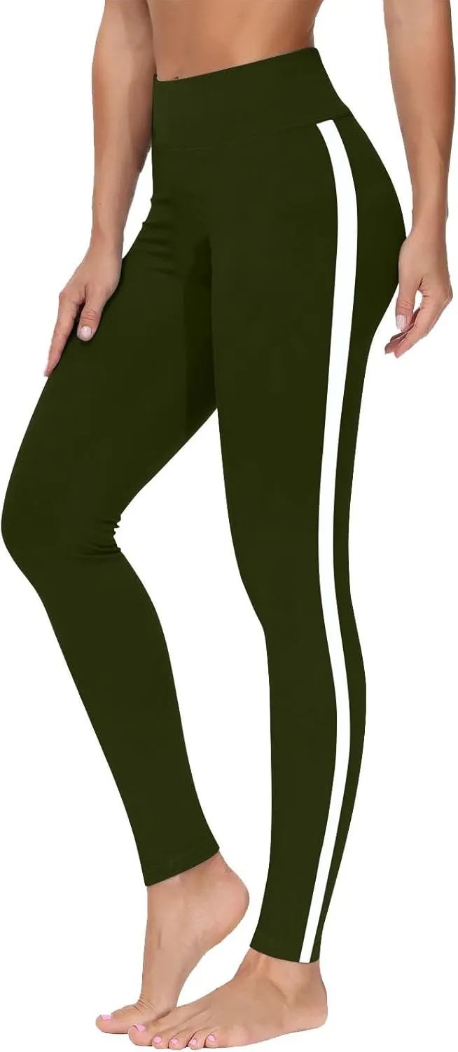 DASAYO High Waisted Leggings for Women Trenfy Side Stripe Print Tummy Control Comfy Exercise Yoga Pants Girls Activewear