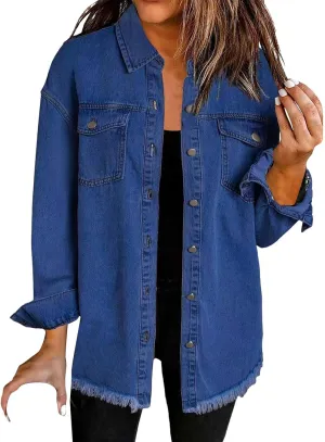 Denim Jacket for Women Fashion Oversized Button Down Long Sleeve Jacket Frayed Hem Long Distresse Tops with Pockets