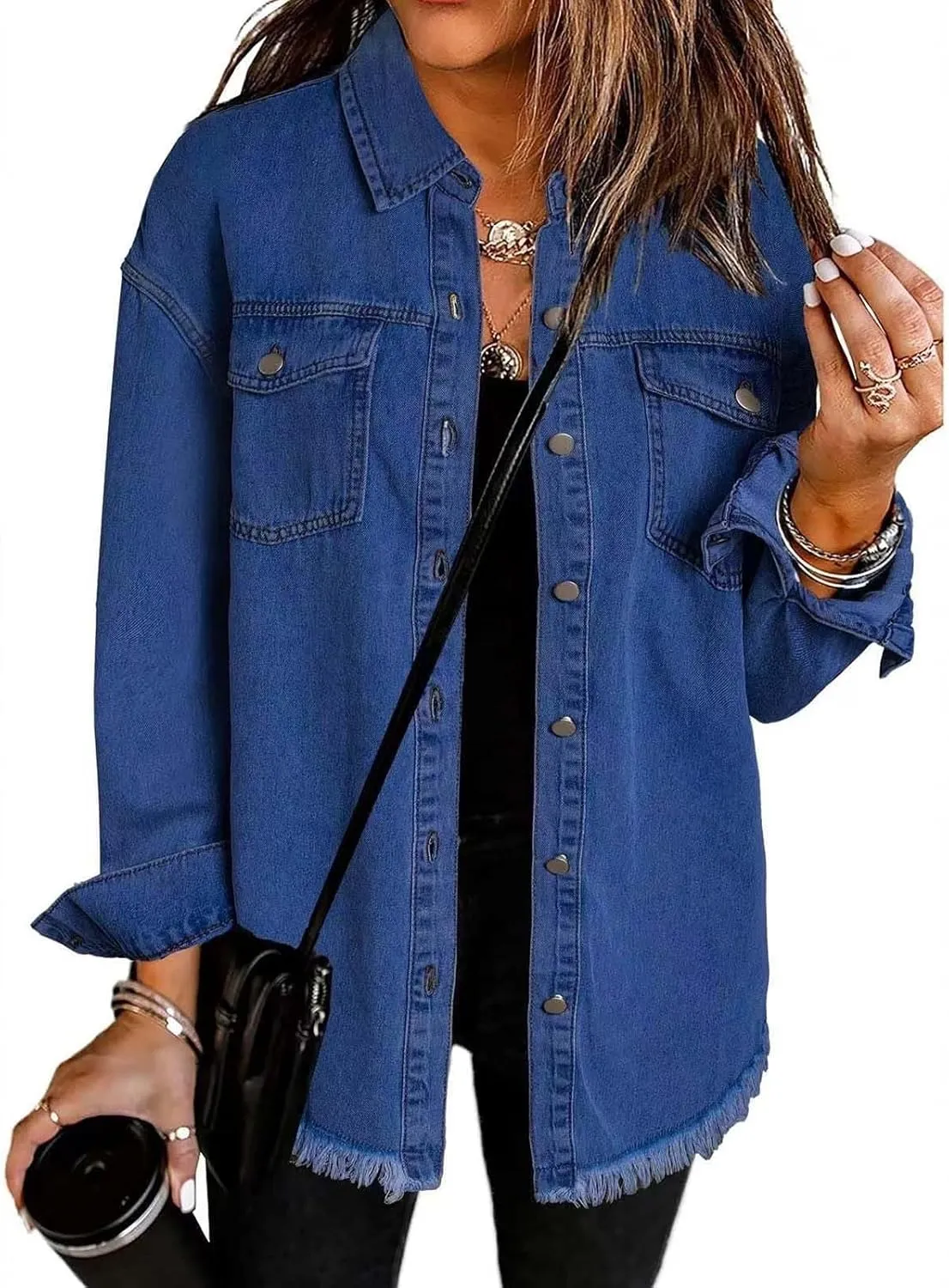 Denim Jacket for Women Fashion Oversized Button Down Long Sleeve Jacket Frayed Hem Long Distresse Tops with Pockets