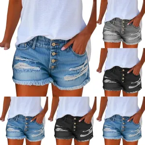 Denim Shorts Women Button Down Low Rise Petite Jeans Sexy Slim Fit Ripped Frayed Raw Hem Jean Shorts with Pockets