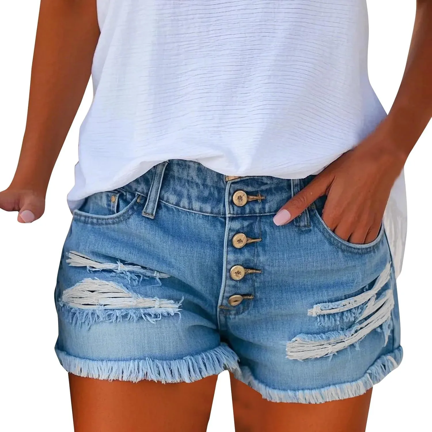 Denim Shorts Women Button Down Low Rise Petite Jeans Sexy Slim Fit Ripped Frayed Raw Hem Jean Shorts with Pockets