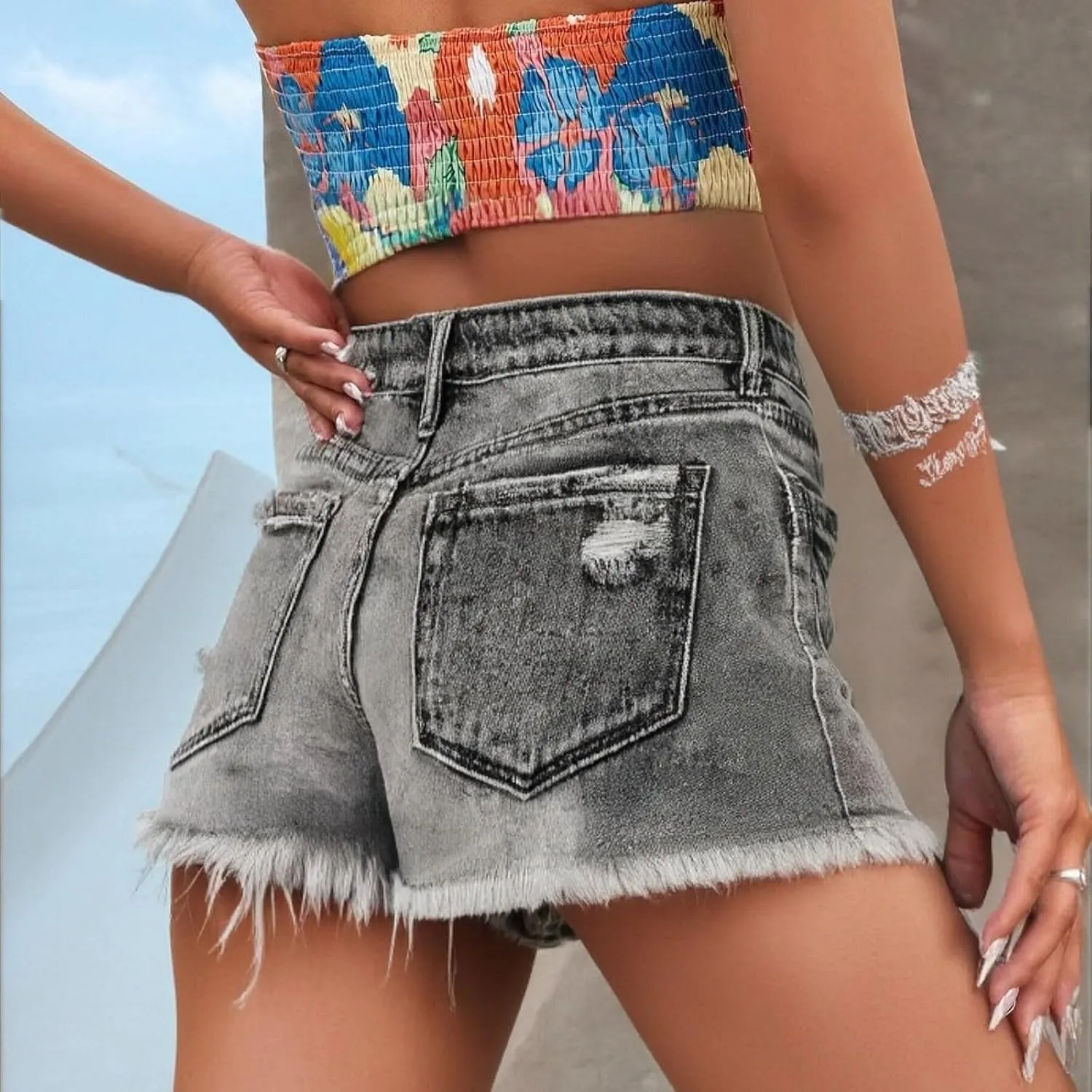 Denim Shorts Women Button Down Low Rise Petite Jeans Sexy Slim Fit Ripped Frayed Raw Hem Jean Shorts with Pockets