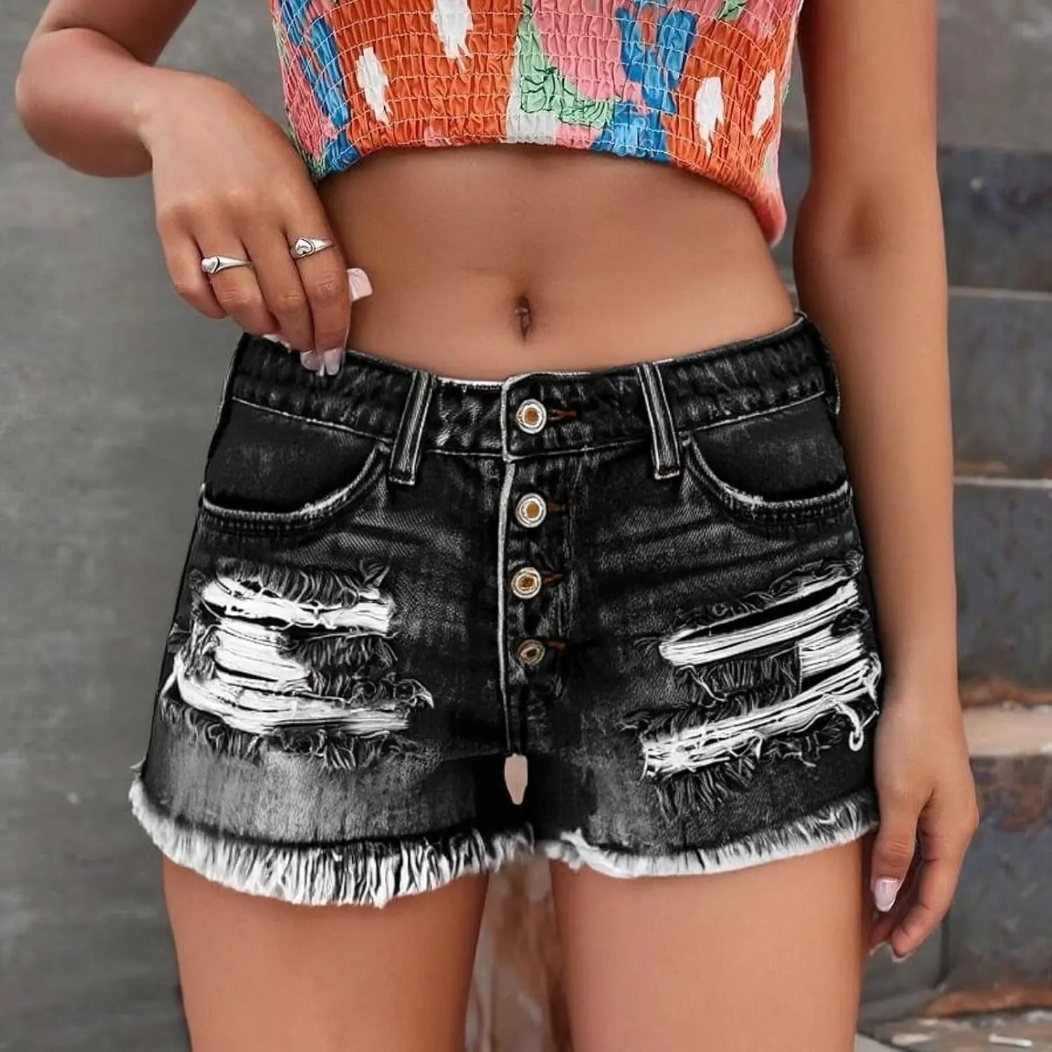 Denim Shorts Women Button Down Low Rise Petite Jeans Sexy Slim Fit Ripped Frayed Raw Hem Jean Shorts with Pockets
