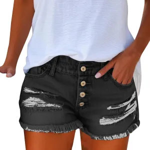 Denim Shorts Women Button Down Low Rise Petite Jeans Sexy Slim Fit Ripped Frayed Raw Hem Jean Shorts with Pockets